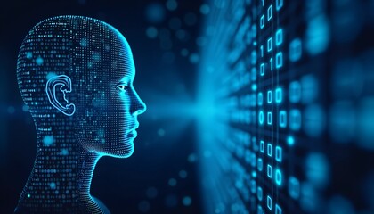 Poster - Artificial Intelligence and IoT - Blue Digital Background with Binary Code, Circuit Board, and Head Silhouette