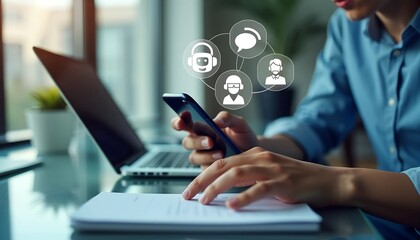 Poster - Digital Chatbot and AI Assistant - Woman Using Smartphone for Customer Service with Internet Bot Application