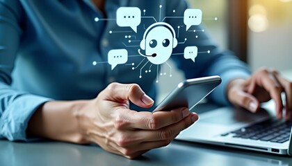 Poster - Digital Chatbot and AI Assistant - Woman Using Smartphone for Customer Service with Internet Bot Application