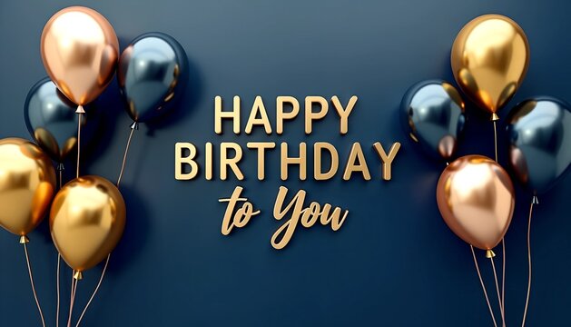 Happy Birthday Card Design - Elegant Script Text on Dark Blue Background with Gold and Silver Balloons
