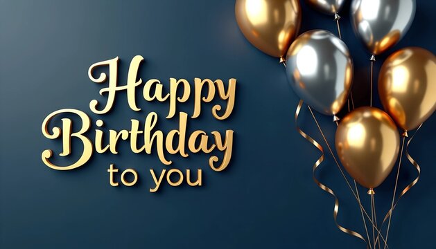 Happy Birthday Card Design - Elegant Script Text on Dark Blue Background with Gold and Silver Balloons