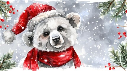 Wall Mural - Cute bear with a hat and scarf