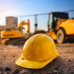 Yellow construction helmet on the ground with a blurred background of a construction area with machinery