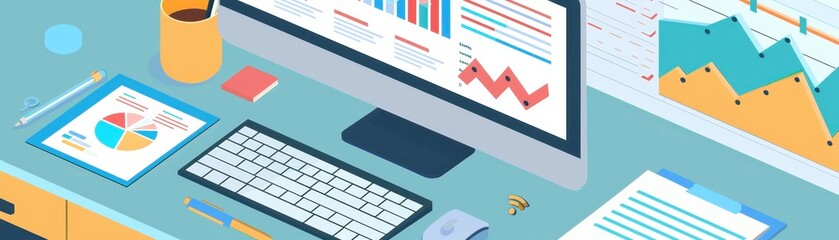 Poster - A modern workspace featuring a computer, charts, and documents. Ideal for business, finance, or data analysis stock photography use.