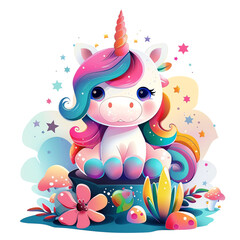 Cute cartoon unicorn with vibrant rainbow mane sitting among colorful flowers and stars in fantasy setting.