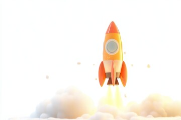 Wall Mural - Isolated on white background, 3D rocket in space representing a business startup and business growth concept