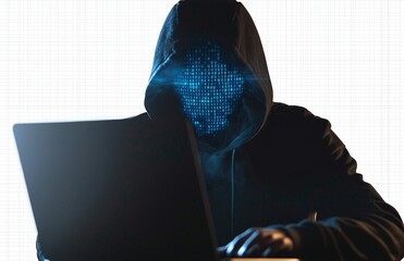 Poster - PNG isolated on transparent background. Stock hacker wearing hood and mask working on laptop.