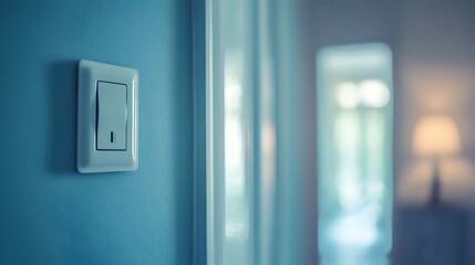 Poster - Conceptual image of a light switch in a mirror reflection with ample copy space for text overlay or design elements  The simple minimalist composition creates a clean modern aesthetic