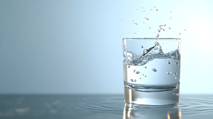Poster - Conceptual image of a glass of water suspended in mid air with light passing through the transparent liquid creating a mesmerizing and minimalist visual effect