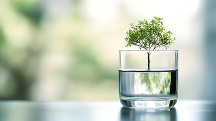 Poster - conceptual image showcasing a glass of water with a small tree growing inside symbolizing the potent