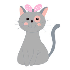 Wall Mural - gray colorful kitty with a pink bow. hand drawn vector.