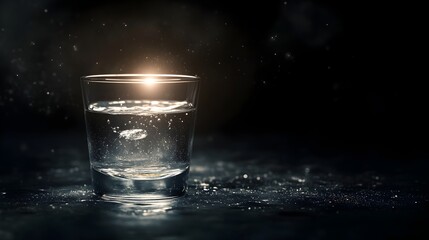 Poster - Conceptual image of a glass of water seemingly floating in a dark mysterious void with a soft glowing light emanating from within the liquid  The tranquil