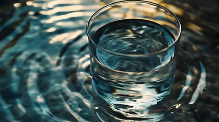 Poster - Minimalist conceptual image of a glass filled with clear water showcasing the delicate rippling patterns on the surface and ample copyspace for text or design overlays
