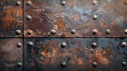 Poster - Flat lay of an old iron surface with visible rivets and deep rust, perfect for an industrial, vintage feel