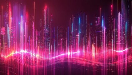 Poster - Nighttime smart city, application development concept, Internet of Things (IoT), smart life, information technology, metaverse connection technology. Stock photograph.