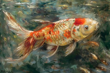 Wall Mural - Golden Fish in Water, Painted Illustration.