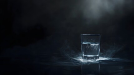Poster - Conceptual image of a glass of water floating in a dark mysterious void with soft emanating light casting an ethereal glow around the transparent liquid