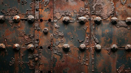 Canvas Print - Flat lay of an old iron surface with visible rivets and deep rust, perfect for an industrial, vintage feel