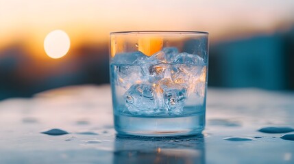 Poster - A conceptual minimalist image depicting the process of a glass of water gradually freezing with intricate ice crystals forming and growing inside the transparent container  The serene