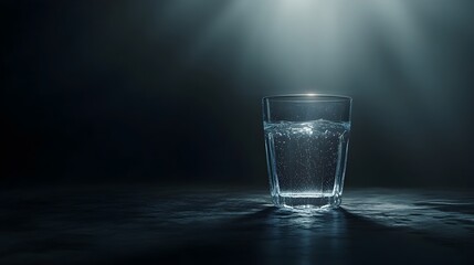 Poster - Ethereal Suspension A Conceptual Image of a Glowing Glass of Water Floating in a Mysterious Dark Void Emitting a Captivating Radiance and Conveying a Sense of Tranquility and Contemplation
