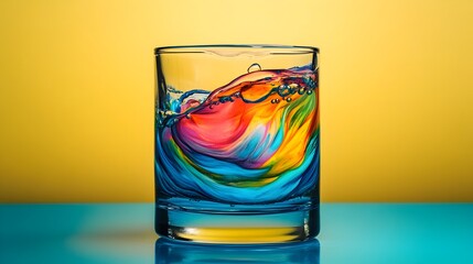Poster - A captivating conceptual image showcasing vibrant color swirls and fluid motion within a transparent glass of water creating a visually striking and imaginative composition