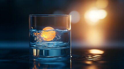 Poster - Conceptual minimalist photography featuring a glowing orb submerged in a glass of water creating a serene and tranquil atmosphere  The ethereal