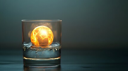 Poster - Captivating conceptual image of a glass filled with water featuring a glowing luminous orb submerged within creating a serene and mysterious visual display with ample copy space