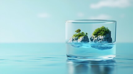 Poster - A conceptual and minimalist image of a glass of water filled with tiny floating islands creating a serene and tranquil atmosphere with ample copy space for various uses