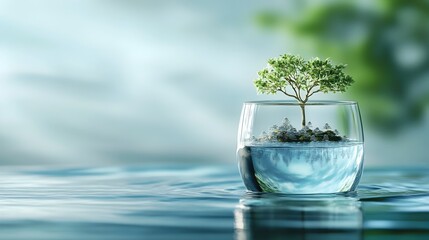 Poster - Conceptual image of a glass of water filled with tiny floating islands creating a serene and tranquil landscape within the transparent liquid