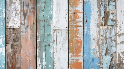 Poster - Flat lay of distressed wooden planks with peeling paint, creating a shabby chic aesthetic