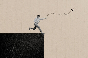 Poster - Creative photo collage picture young man run persistence achieve goal aim target flight kite string pointer direction drawing background