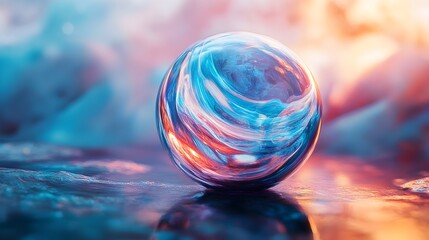 Poster - A conceptual image of a crystal ball covered in abstract fluid designs that change shape and color as the light moves through the transparent shimmering orb creating a mesmerizing visual experience
