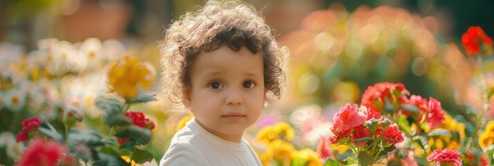 Poster - A young child with curly hair smiles while exploring a colorful garden filled with blooming flowers under bright sunlight. Generative AI
