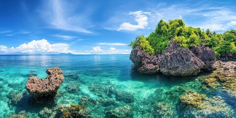 A beautiful beach with clear blue water and a rock formation.