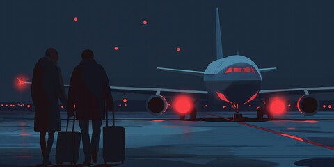 Nighttime airport scene features large white airplane with red engines surrounded by planes, buildings. Two figures walk towards plane, one carrying suitcase, backpack, in dark blue uniform.