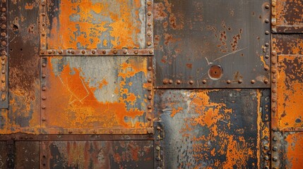 Wall Mural - Top view of a corroded iron surface with a mix of orange and brown rust tones, ideal for an industrial theme