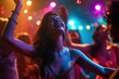© miss irine - Lively scene of South Asian woman dancing joyfully at party with friends on dance floor. Vibrant atmosphere created by colorful lights, dynamic movement, and bright lighting.
