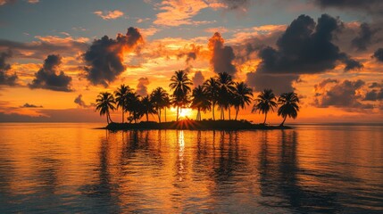 Golden sunset over a secluded tropical island, with palm trees silhouetted against the vibrant sky and calm sea.