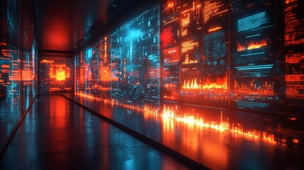 Poster - The holographic display showcases intricate data visualizations in a high-tech research facility, creating an immersive environment at night.
