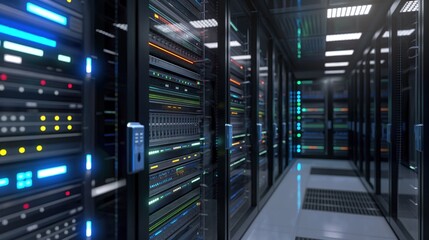 Fototapete - Row of server racks in a modern data center with blue glow. Server computers with data HUD displays. Digital network infrastructure for business technology support.