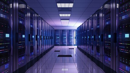 Poster - Server room filled with rows of servers in grid pattern creating orderly symmetry. Soft glow of daylight illuminates the space. Blue painted walls provide soothing backdrop.