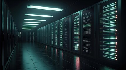Fototapete - Darkened data center room with glowing servers in a 3d rendering. Rows of high-density racks house powerful computing systems for cloud hosting, cybersecurity, and storage solutions.
