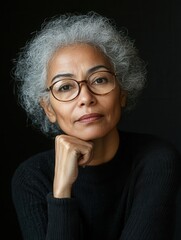 Poster - An older woman with curly gray hair and glasses rests her chin on her hand, gazing thoughtfully with a serene expression in front of a dark background. Generative AI