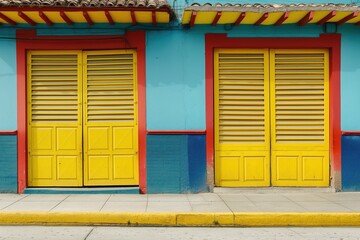 Traditional colombian house facade in a village setting with colorful blue and red wall, two large yellow gates. Empty sidewalk leads to the entrance of this caribbean style building.