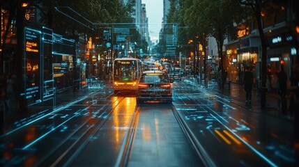 Poster - A holographic display illustrates the integration of urban transportation systems, featuring smart technology in a bustling city at twilight.
