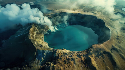 Aerial view of a geothermal crater lake, with boiling water and steam clouds, the surrounding terrain marked by sulfur deposits and other minerals