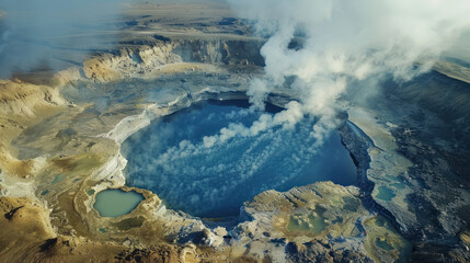 Aerial view of a geothermal crater lake, with boiling water and steam clouds, the surrounding terrain marked by sulfur deposits and other minerals