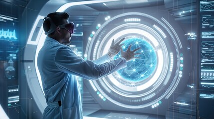 Aufkleber - Doctor in modern medical lab with futuristic computer screen and virtual interface. Molecular research, digital health care, medical technology and scientific equipment.