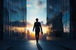 © miss irine - Businessman walks towards open door with creative solution. Man in suit steps through entrance to new opportunity. Ambitious leader seeks success, career growth, and innovation.