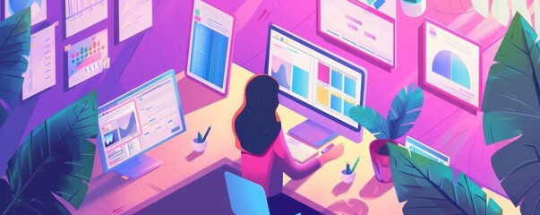 Poster - Businesswoman analyzing data on multiple screens in a modern, colorful office with plants, charts, and graphs.
